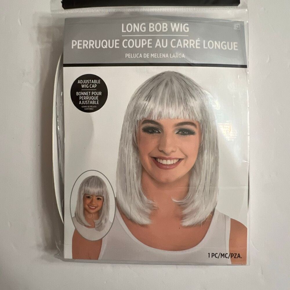 Silver White Gray Wig Long Bob w/ Bangs Straight Hair Halloween Costume NWT New!